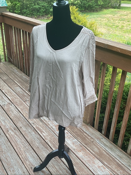 Ninexis Tops - Light Taupe V-Neck Lace-Trim Top